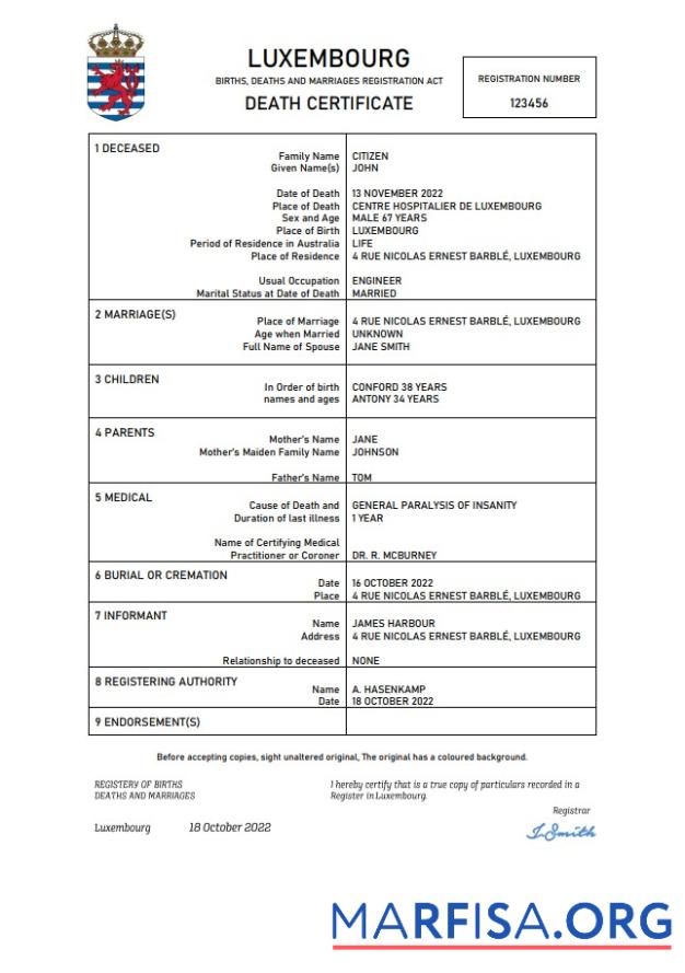 Printable Luxembourg death certificate Word and PDF template
